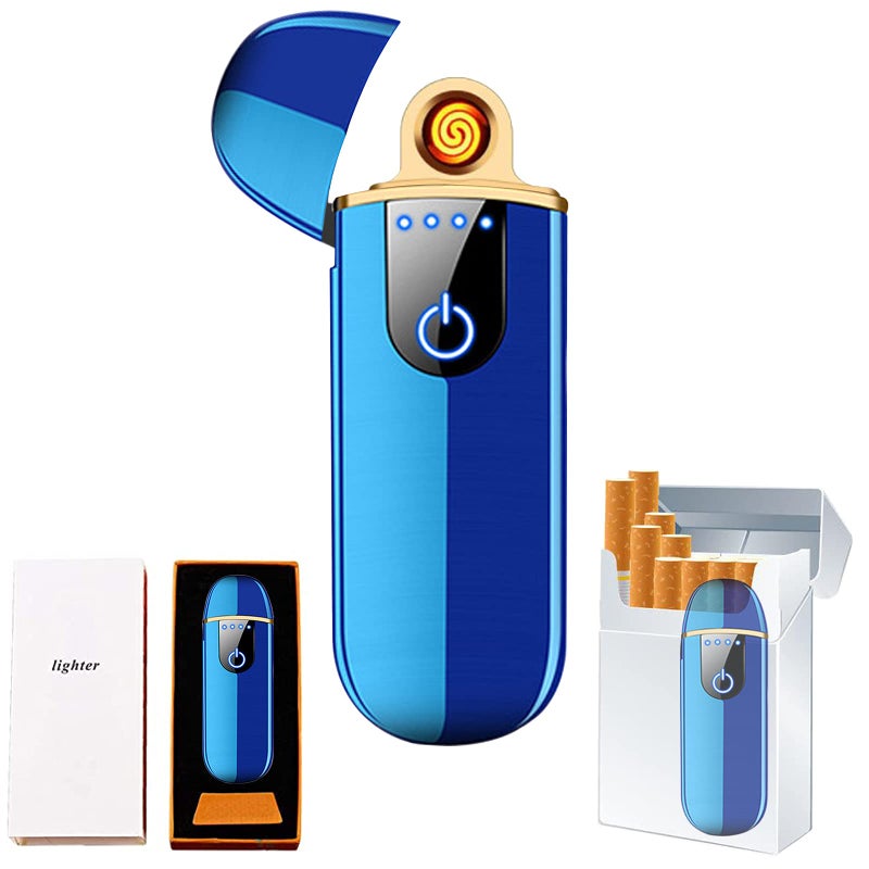 Electric Smart USB Rechargeable Lighter Touch Ignition Windproof Flameless Lightweight Plasma With Power Indicator for Boyfriends Father Gifts Blue